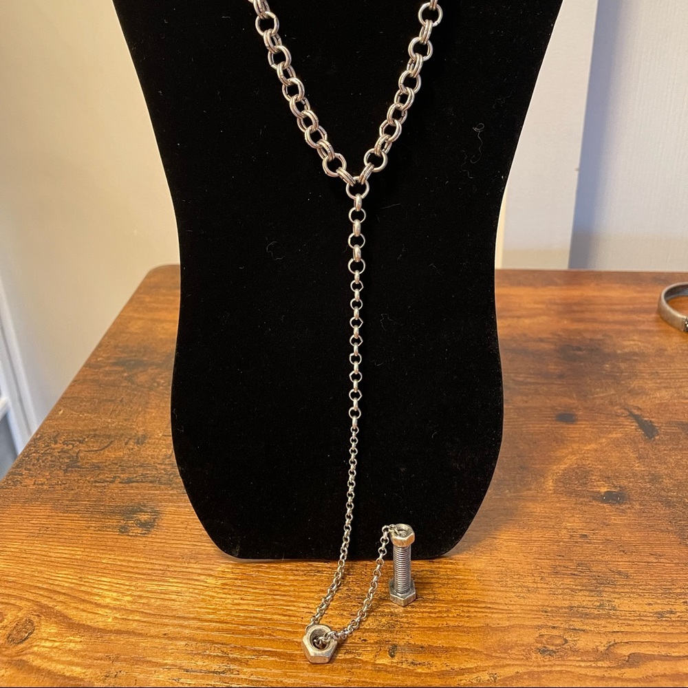 JewelMint industrial brutalist y necklace silver tone statement
